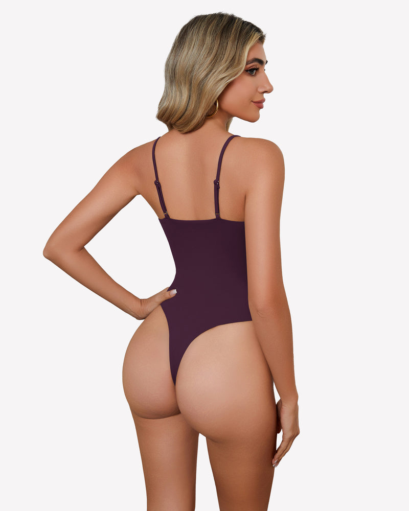 Square neck bodysuit, dark purple, thin straps and full back coverage