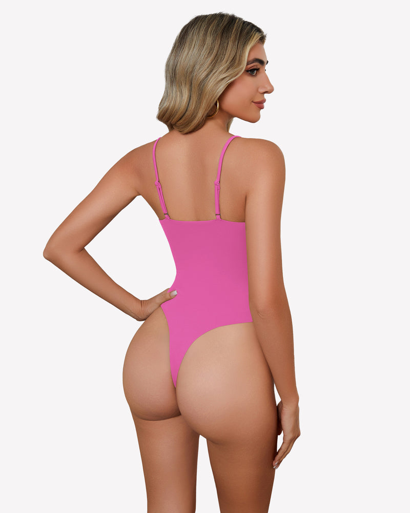 Square neck bodysuit, bright pink, thin back straps and full coverage