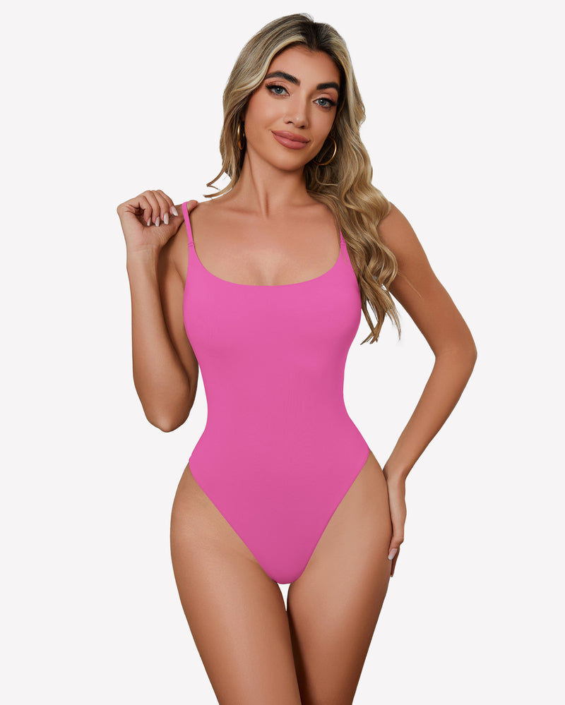 Square neck bodysuit, bright pink, thin straps and sleek leg cut