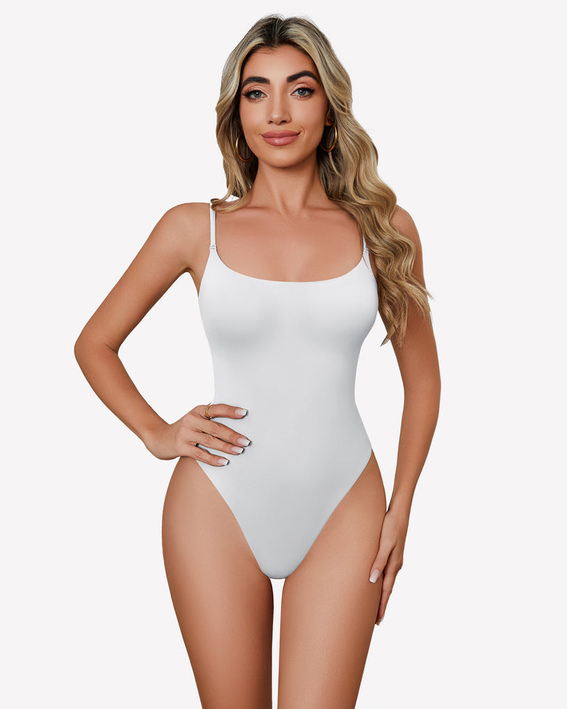 Square neck bodysuit, white, thin straps and smooth one-piece fit