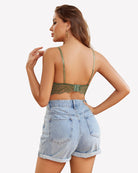 Green underwired corset bustier top back view with lace band and thin straps