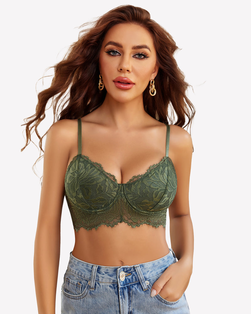 Green underwired corset bustier top with lace cups and scalloped hem