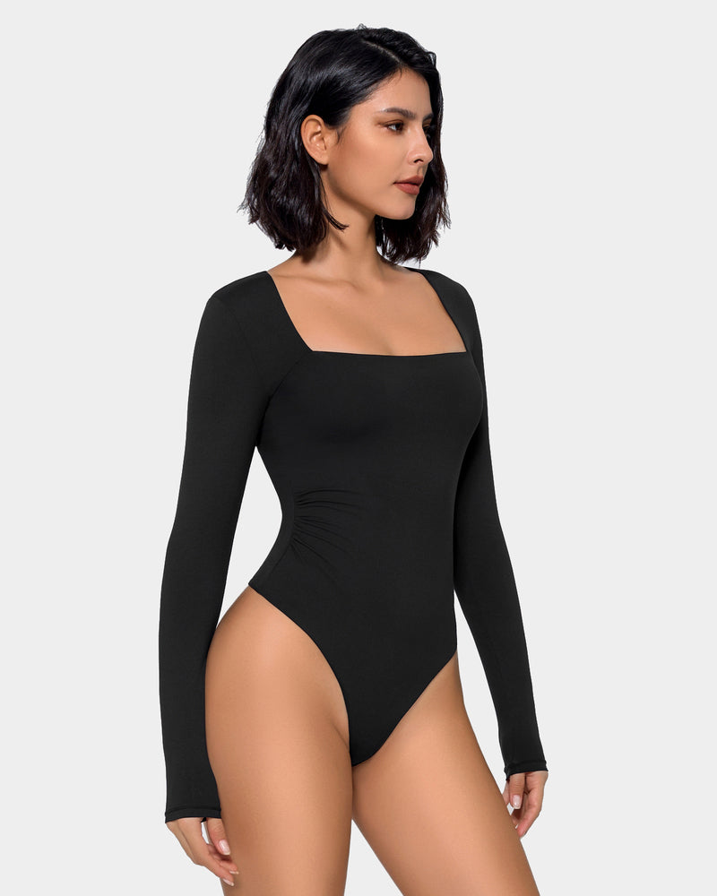 Black square-neck double-lined shapewear bodysuit, long sleeves, front thong cut
