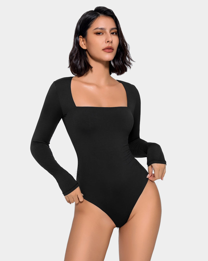 Black square-neck double-lined shapewear bodysuit, long sleeves, thong bottom