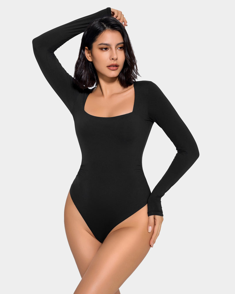 Black square-neck double-lined shapewear bodysuit with long sleeves and cheeky leg