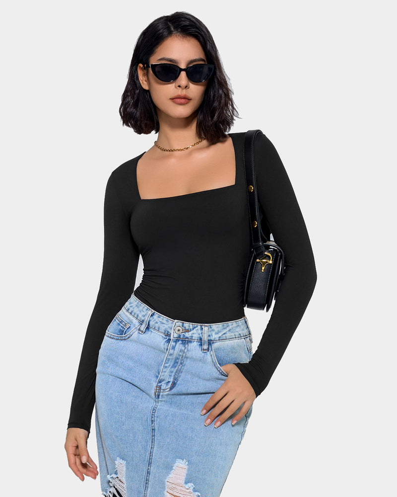 Black square-neck double-lined shapewear bodysuit, long sleeves, shaped waist