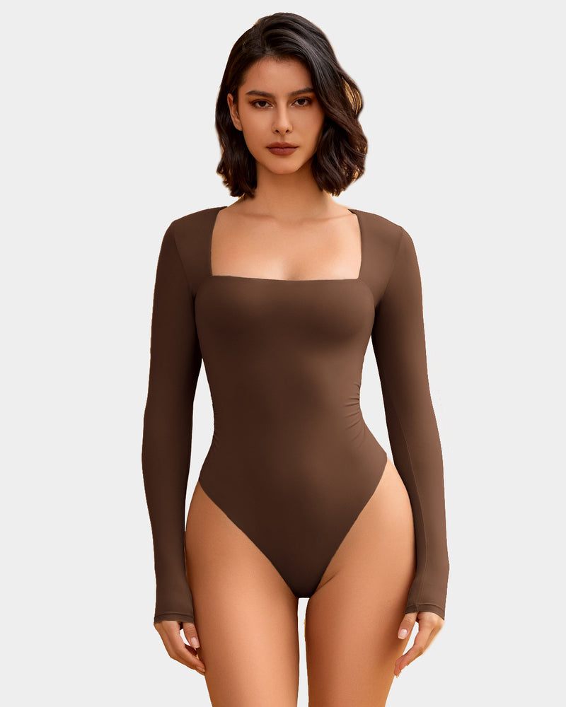Square-neck double-lined shapewear bodysuit, brown, long sleeves, thong-leg fit