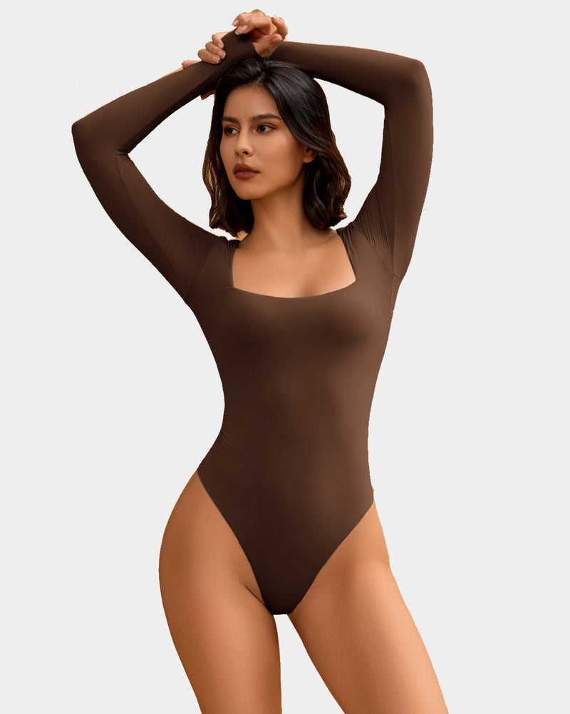 Square-neck double-lined shapewear bodysuit, dark brown, long sleeves, thong-leg fit