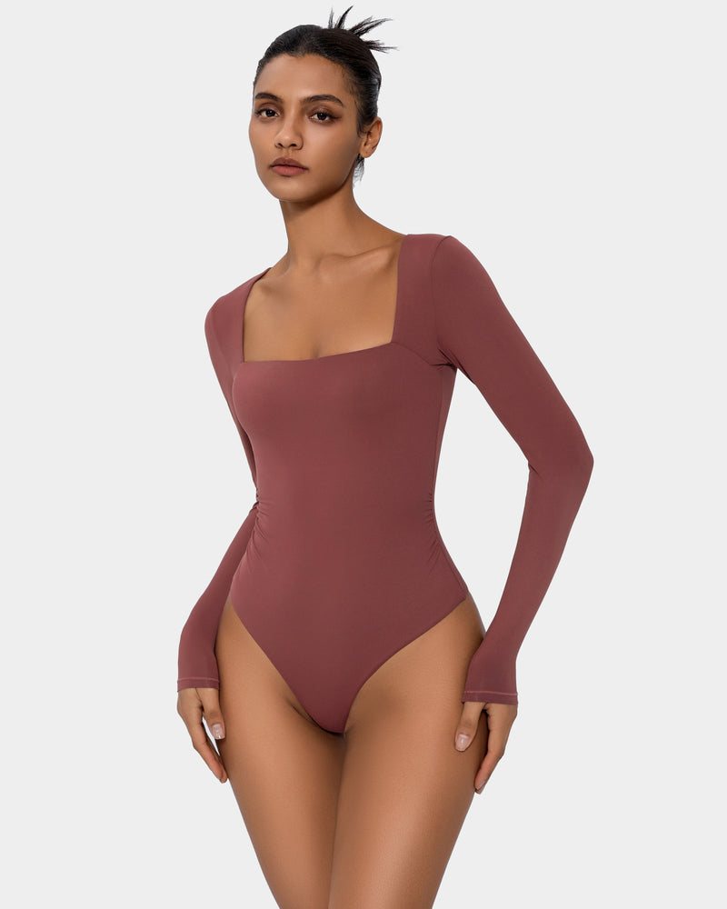 Brown square-neck double-lined shapewear bodysuit, long sleeves, thong bottom