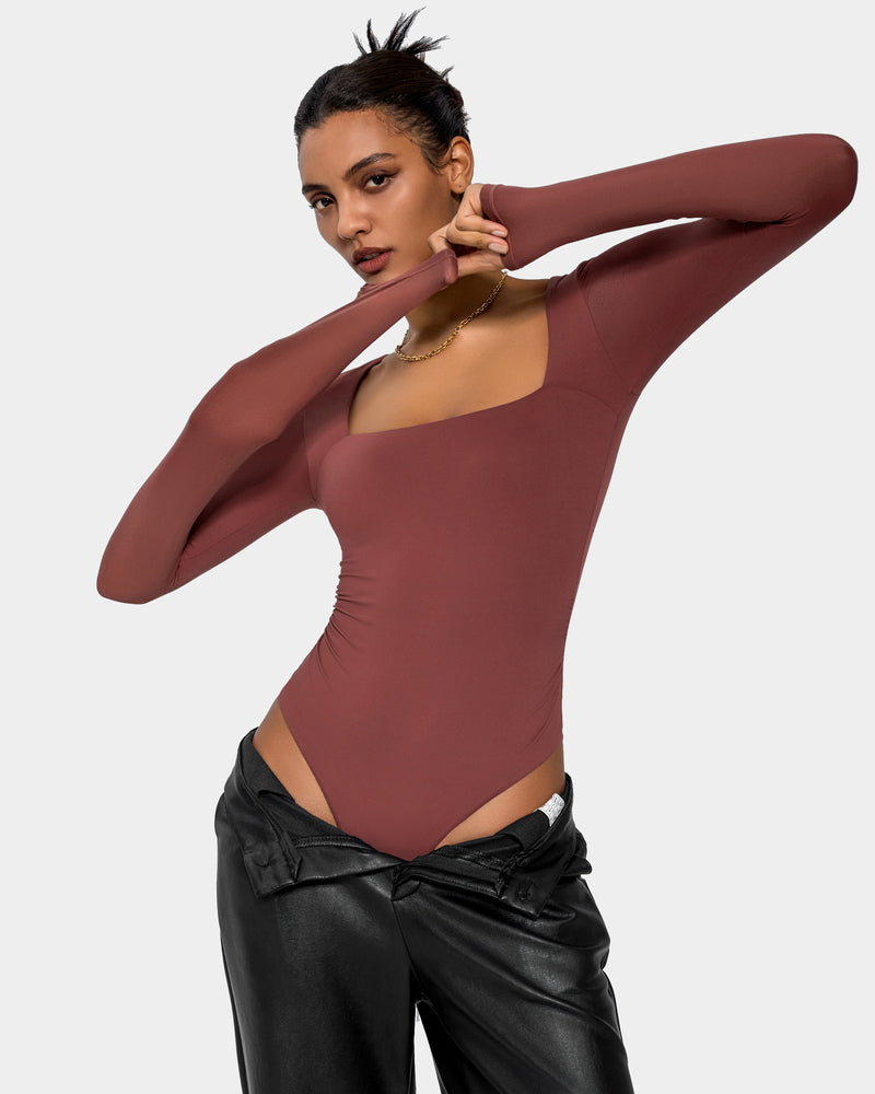 Brown square-neck double-lined shapewear bodysuit, long sleeves, snug fit