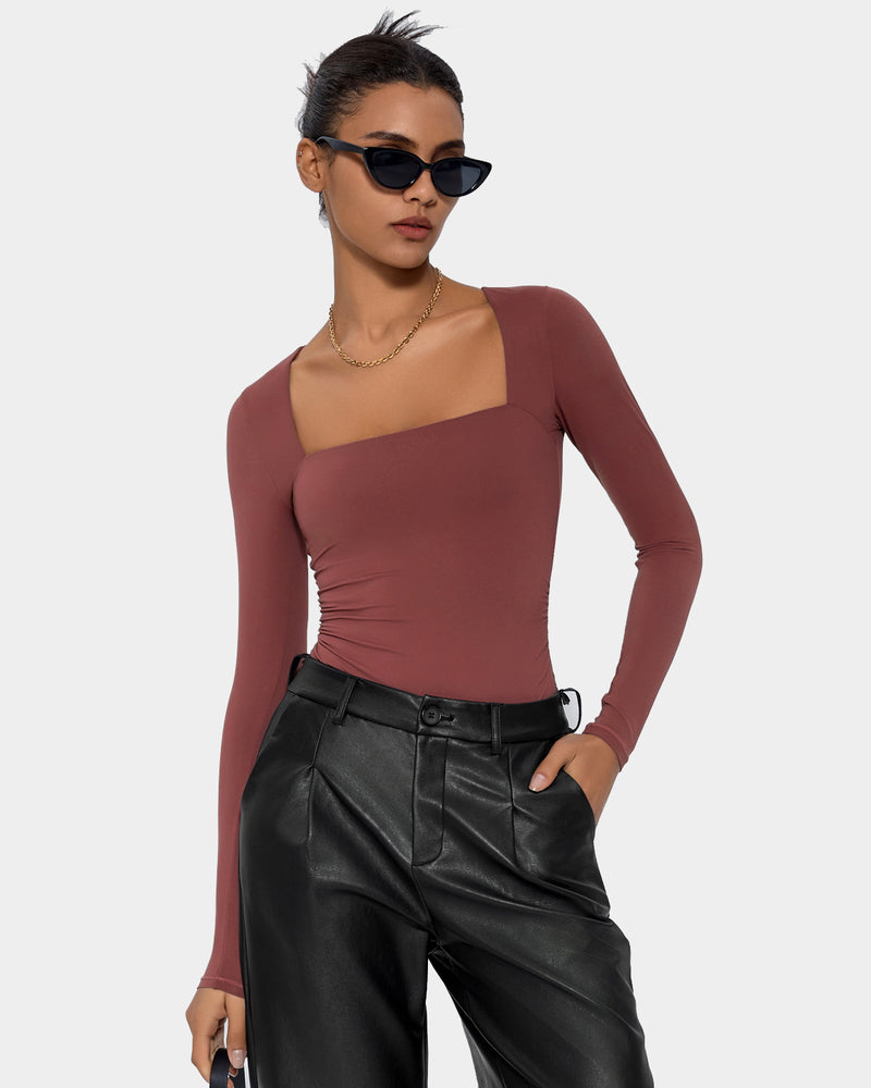 Brown square-neck double-lined shapewear bodysuit, long sleeves, square neckline