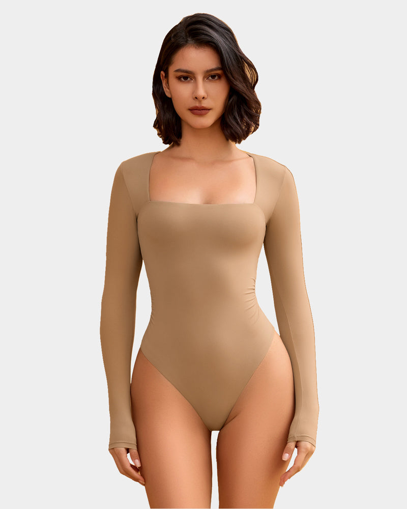 Square-neck double-lined shapewear bodysuit, tan, long sleeves, thong-leg fit