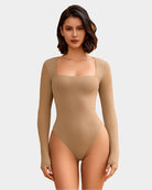 Square-neck double-lined shapewear bodysuit, tan, long sleeves, thong-leg fit