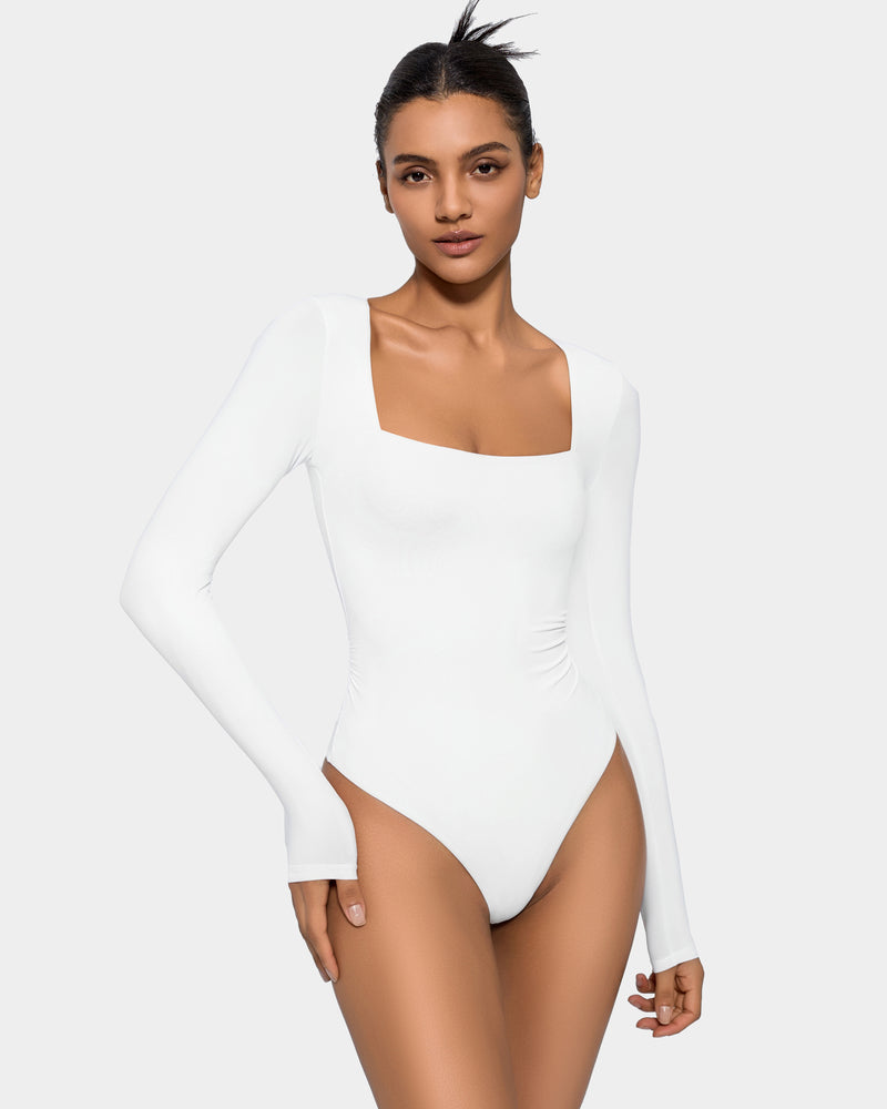 Square-neck double-lined shapewear bodysuit, white, long sleeves, thong-leg fit