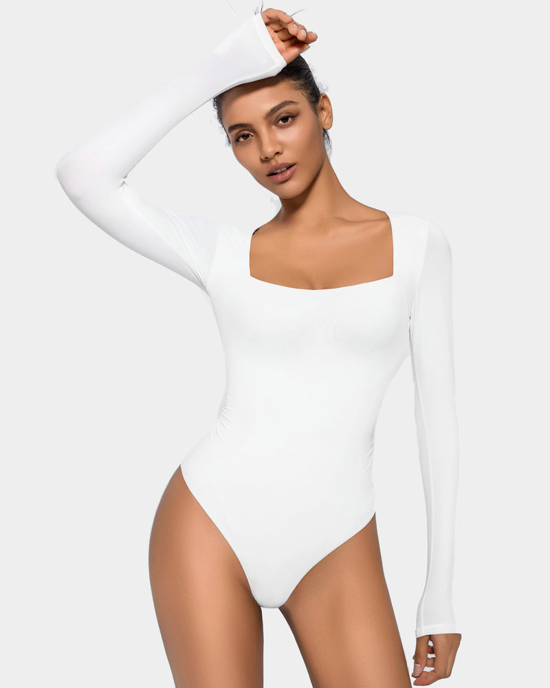 Square-neck double-lined shapewear bodysuit, white, long sleeves, thong-leg fit