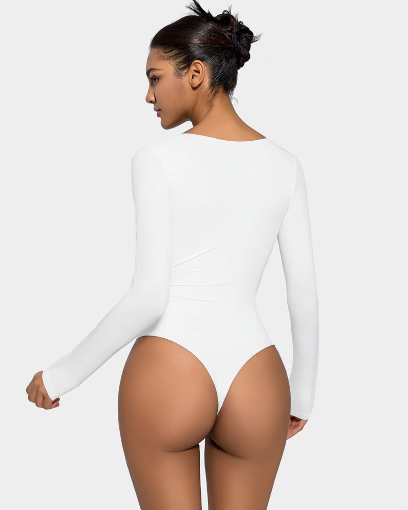 Square-neck double-lined shapewear bodysuit, white, long sleeves, back view, thong-leg