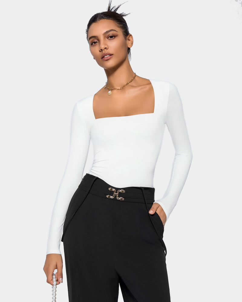 Square-neck double-lined shapewear bodysuit, white, long sleeves, fitted thong-leg style