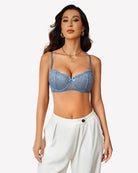 Light blue lace push up balconette bra with scalloped underwire cups and thin straps