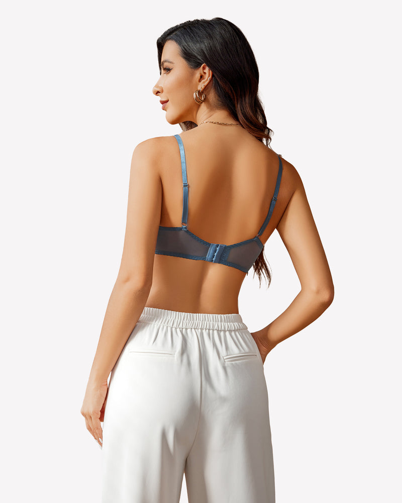 Light blue lace push up balconette bra back view with adjustable straps and hook closure
