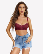Burgundy lace push-up balconette bra with sheer cups and bow detail
