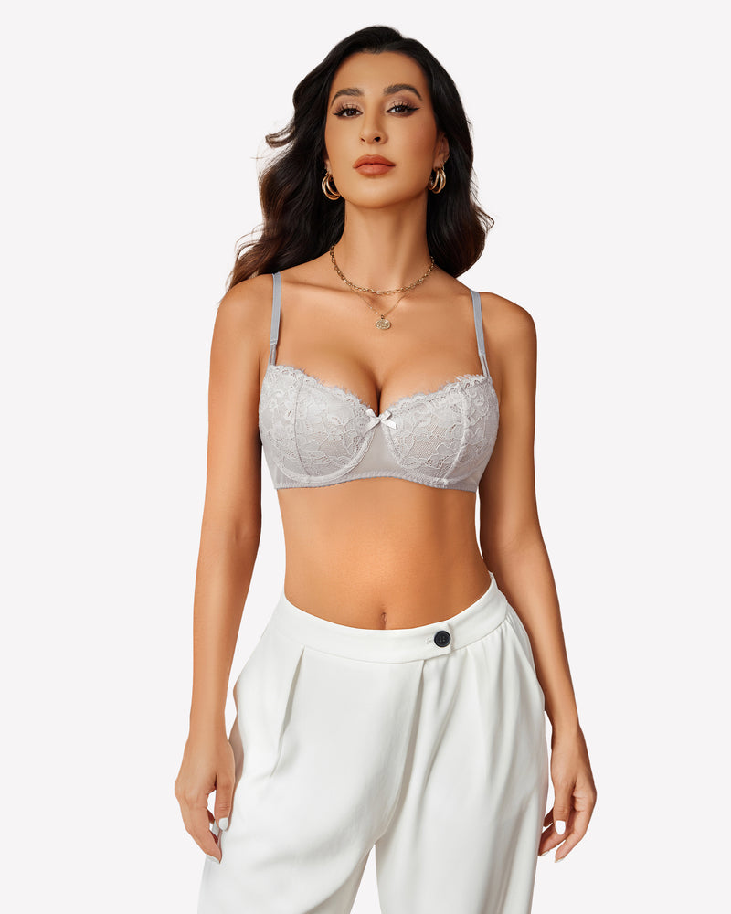 Light grey lace push up balconette bra with scalloped underwire cups and thin straps