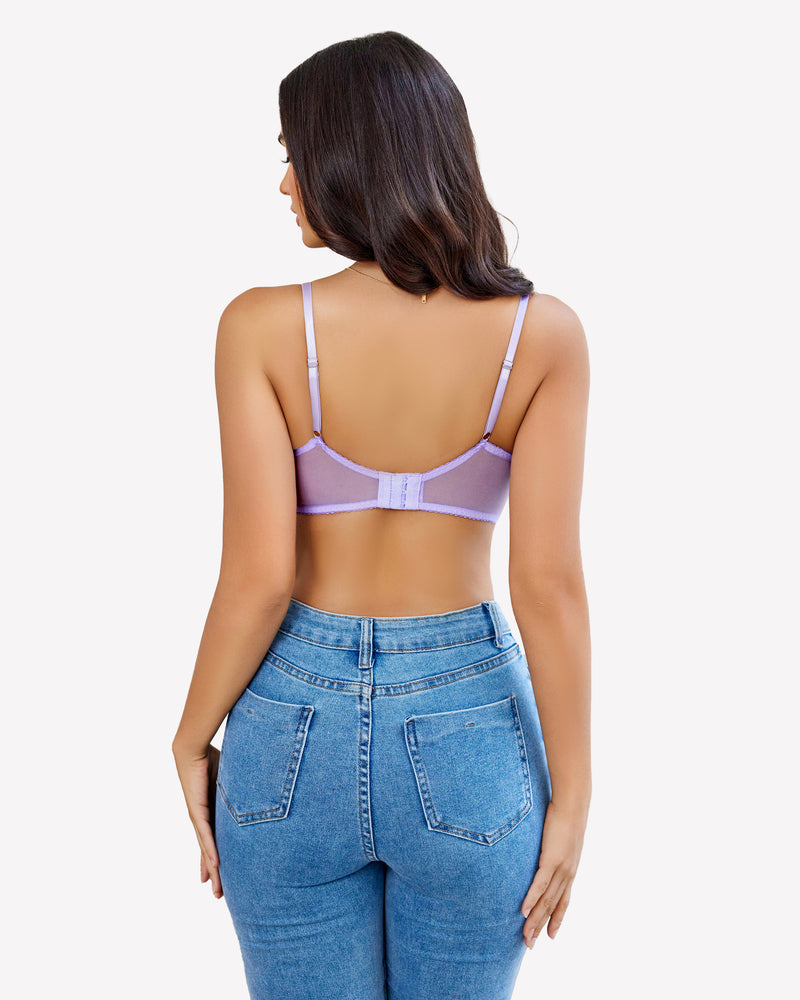 Lilac lace push-up balconette bra back view with adjustable straps