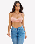 Light pink lace push-up balconette bra with sheer lace cups and bow