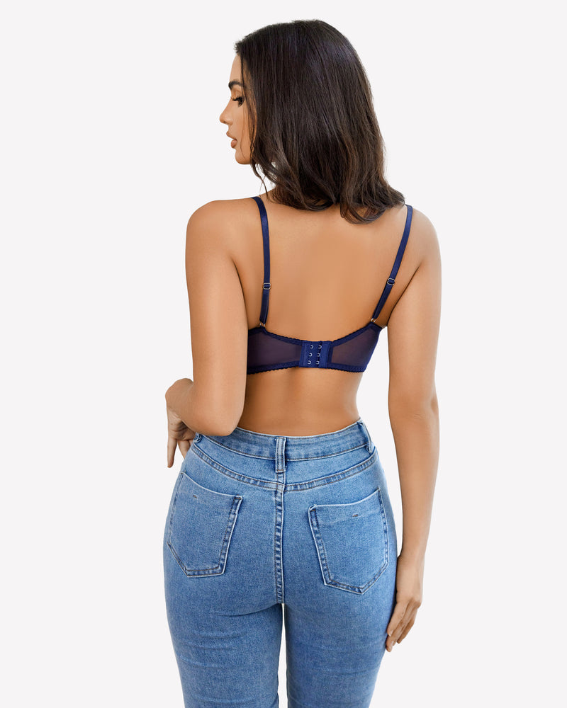 Navy lace push-up balconette bra back view with adjustable straps and elastic band