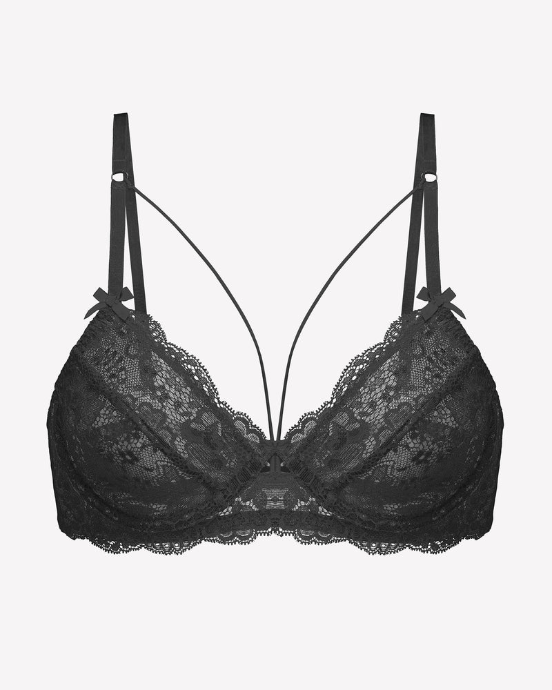 Black lace unlined strappy bra with underwire, scalloped lace trim, adjustable straps