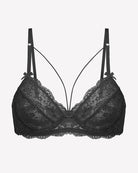 Black lace unlined strappy bra with underwire, scalloped lace trim, adjustable straps