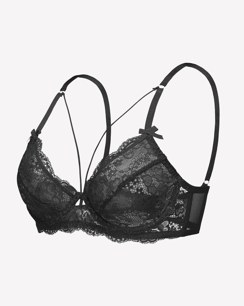 Black lace unlined strappy bra, underwire cups, sheer mesh wings, adjustable straps