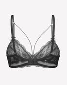 Black lace unlined strappy bra back view with adjustable straps and hook closure