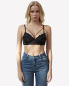 Black lace unlined strappy bra with underwire, plunging neckline, adjustable straps