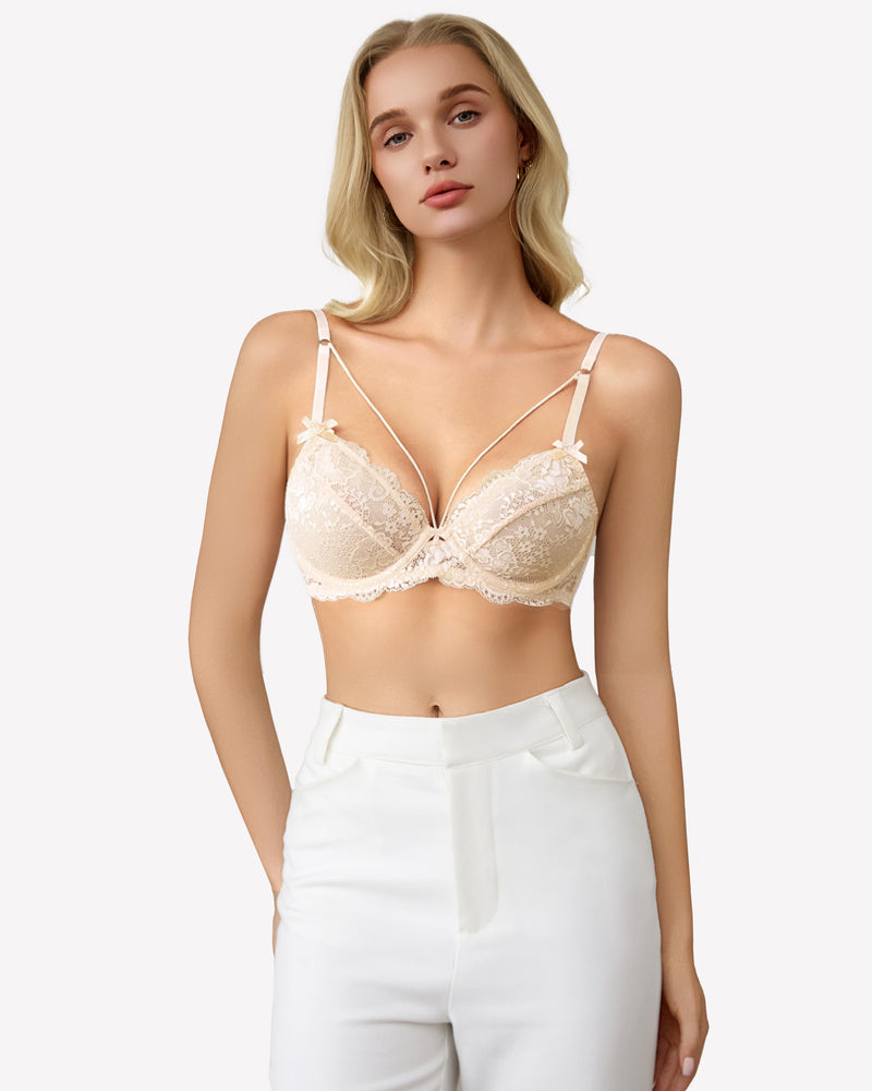 Ivory lace unlined strappy bra with underwire, lace cups, and adjustable shoulder straps