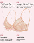 Beige lace unlined strappy bra with underwire, see-through cups, and adjustable straps