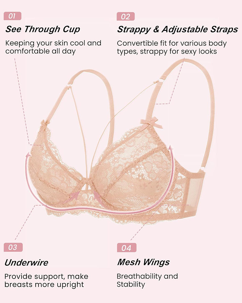 Beige lace unlined strappy bra with underwire, see-through cups, and adjustable straps