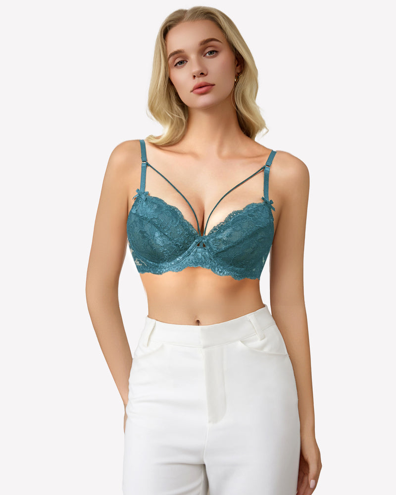 Teal lace unlined strappy bra with underwire, lace cups, and adjustable shoulder straps
