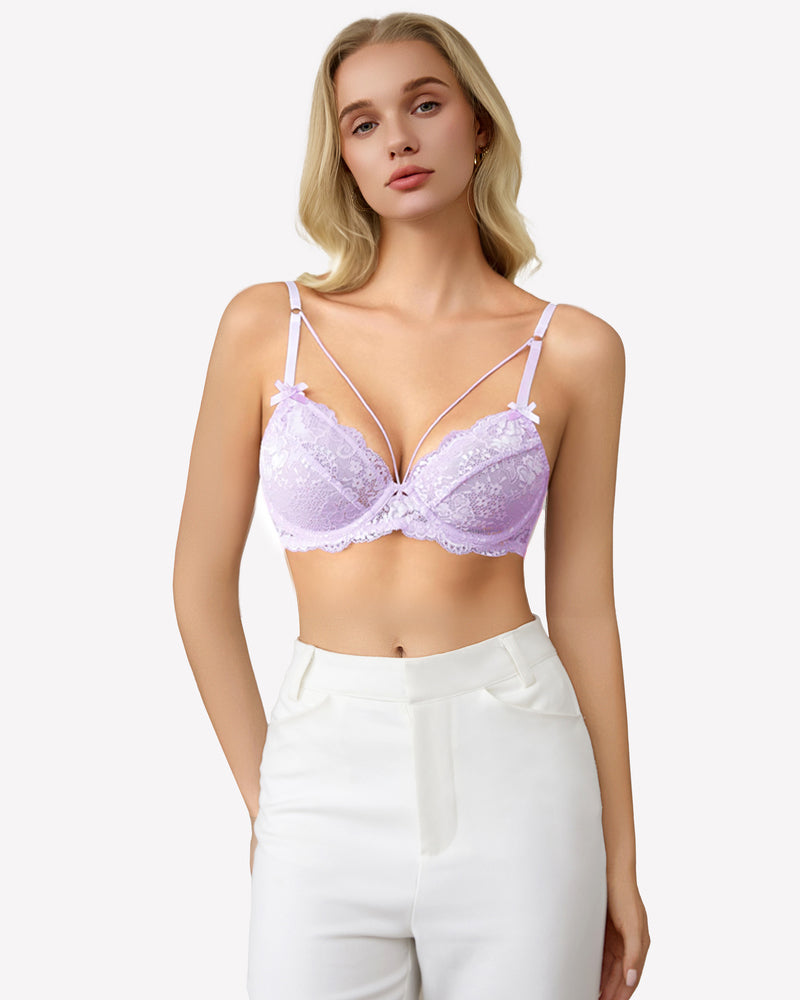 Lavender lace unlined strappy bra with bow at center and underwire cups