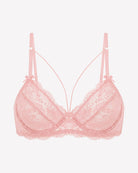 Pink lace unlined strappy bra with underwire cups and bow accents on straps