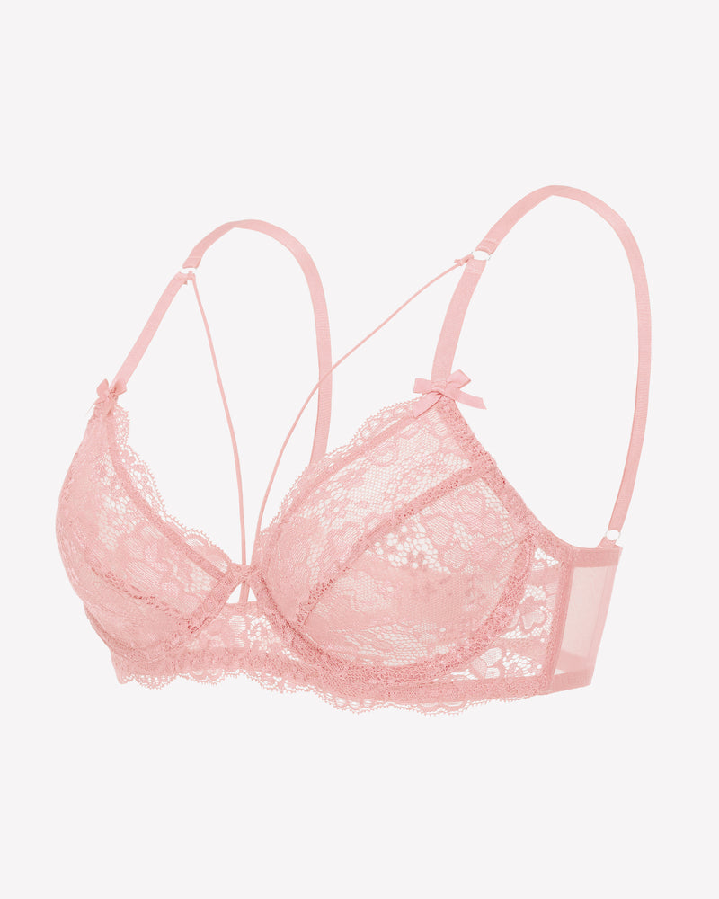 Pink lace unlined strappy bra back view with adjustable straps and center hook