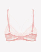 Light pink lace unlined strappy bra back view with adjustable straps and hook closure