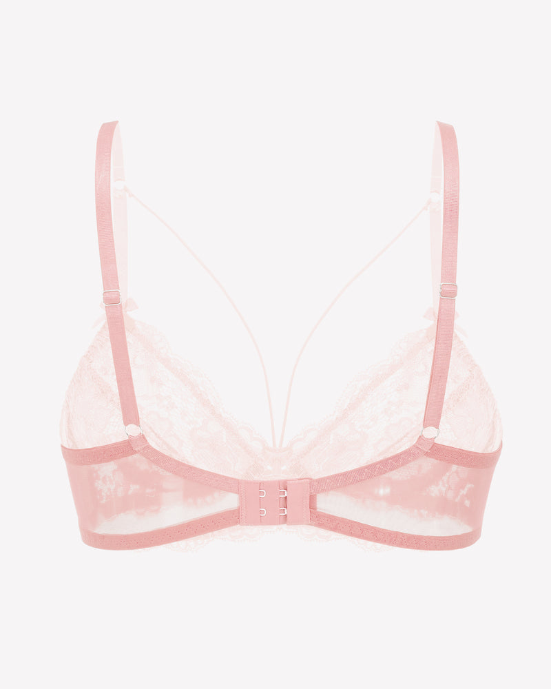 Light pink lace unlined strappy bra back view with adjustable straps and hook closure