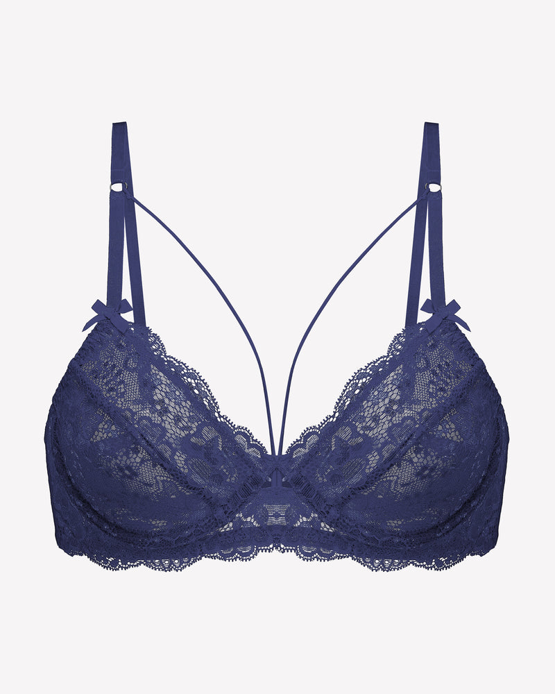 Navy lace unlined strappy bra front view with bow accents on straps and underwire cups