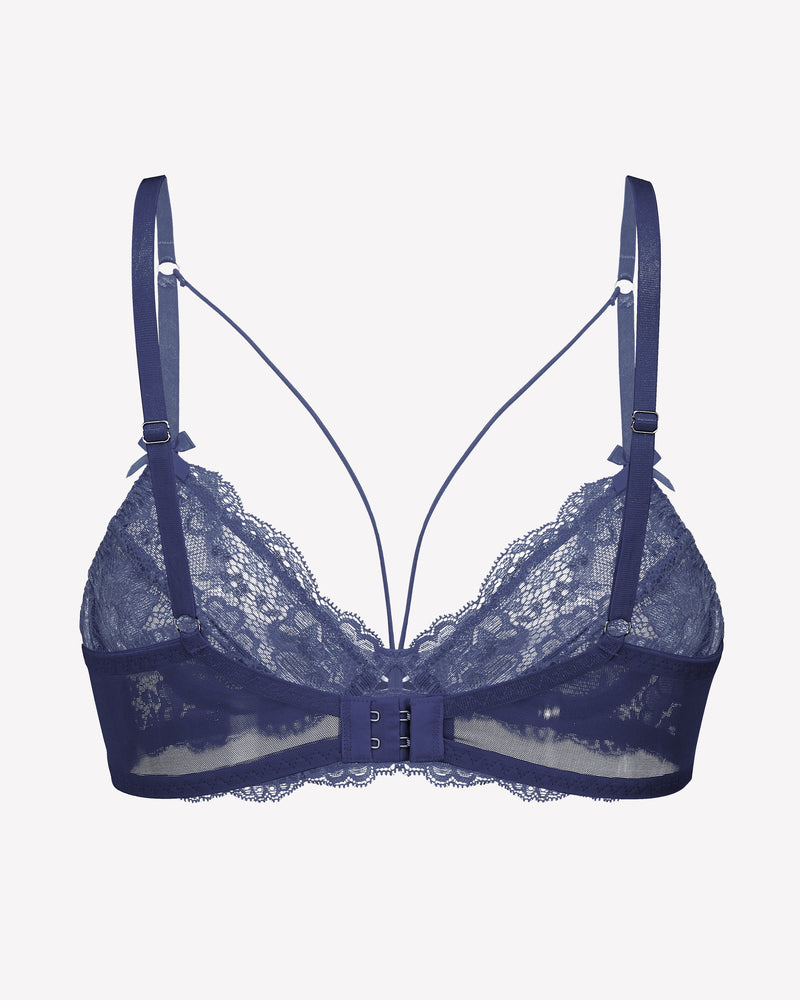 Lace unlined strappy bra in dark blue with scalloped lace edges and adjustable straps