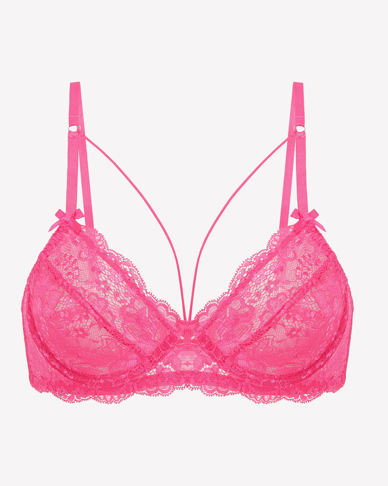 Pink lace unlined strappy bra with underwire, scalloped lace trim, adjustable straps