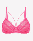 Pink lace unlined strappy bra with underwire, scalloped lace trim, adjustable straps