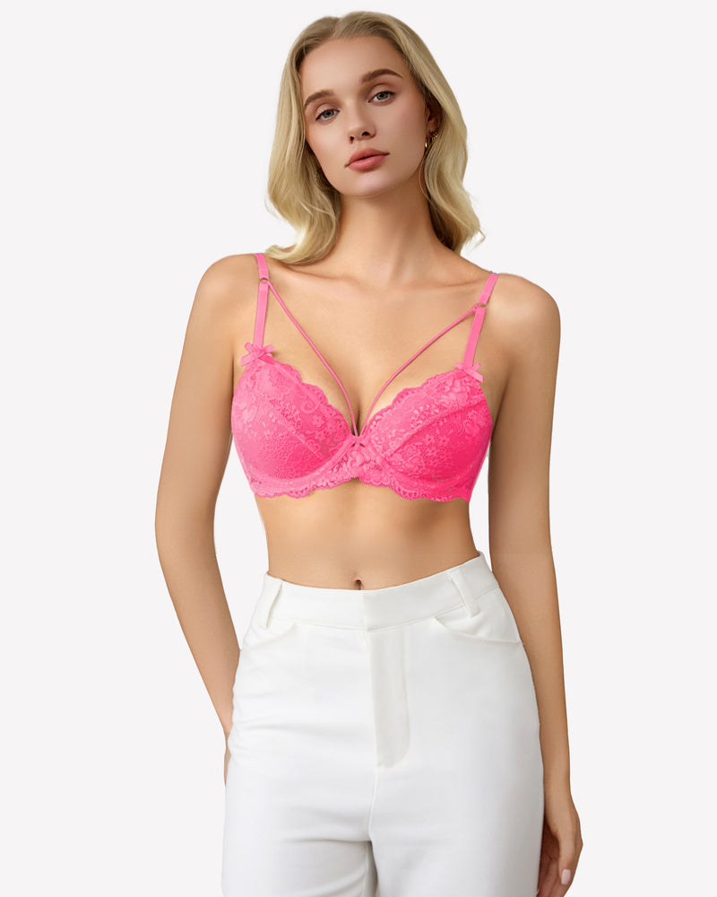 Pink lace unlined strappy bra with underwire, scalloped cups, adjustable thin straps