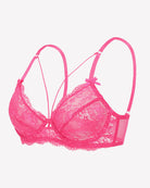 Pink lace unlined strappy bra with underwire and bow accents at the cups
