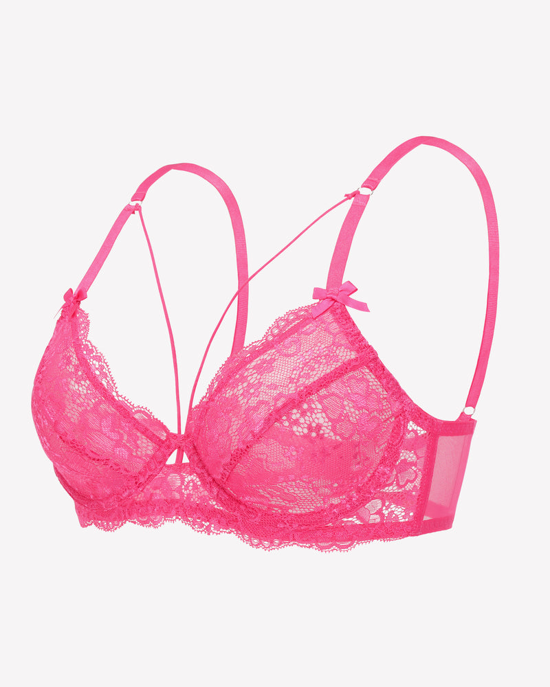 Pink lace unlined strappy bra with underwire and bow accents at the cups