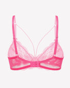 Pink lace unlined strappy bra with adjustable straps and center front hook closure